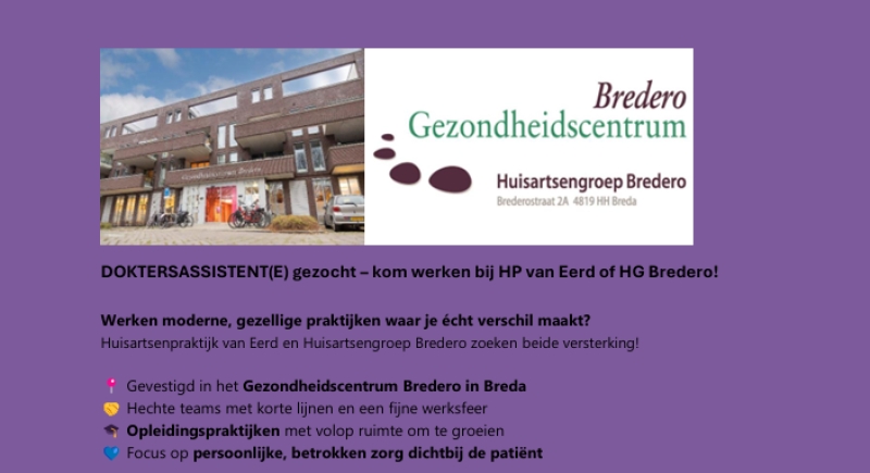 Huisartsengroep Bredero zoekt een doktersassistent(e)